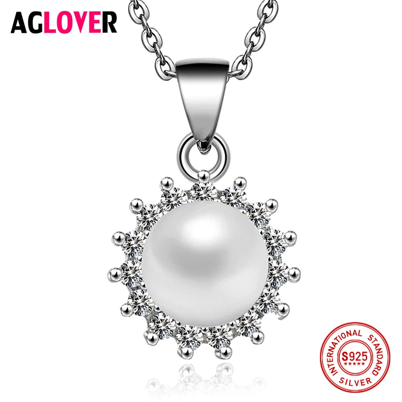 

AGLOVER Flower 925 Silver Women Necklace Fashion Charm Jewelry Round 8mm Freshwater Pearl Pendant 100% Sterling Silver Necklace