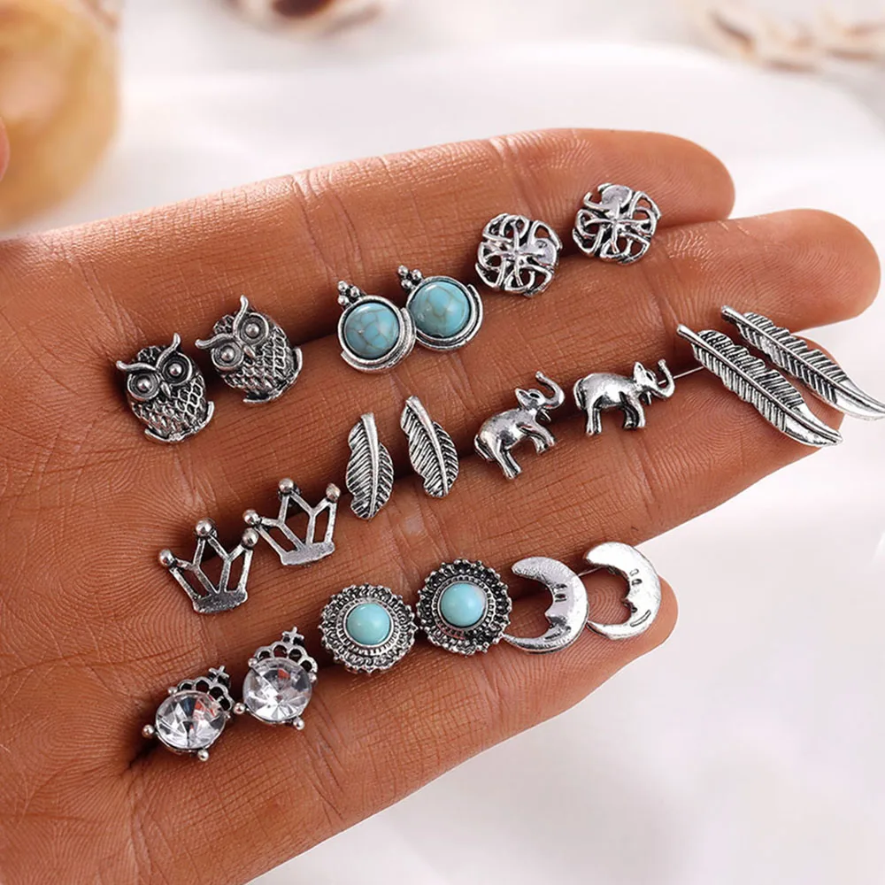 

FAMSHIN 10 Pair/Set Bohemian Owl Elephant Stud Earrings Set For Women Vintage Crown Rudder Heart Round Earring Statement Jewelry