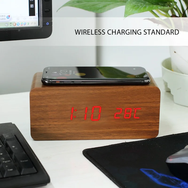 LED Wooden Electric Alarm Clock Qi Wireless Charger for Samsung Galaxy