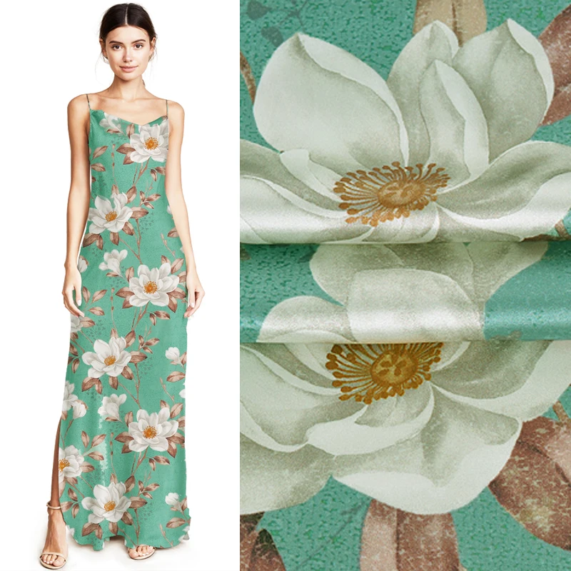 

118CM Wide 19MM Lotus Print Stretch Green Silk Satin Fabric Good for Summer Dress Skirt Shirt Pants JH177