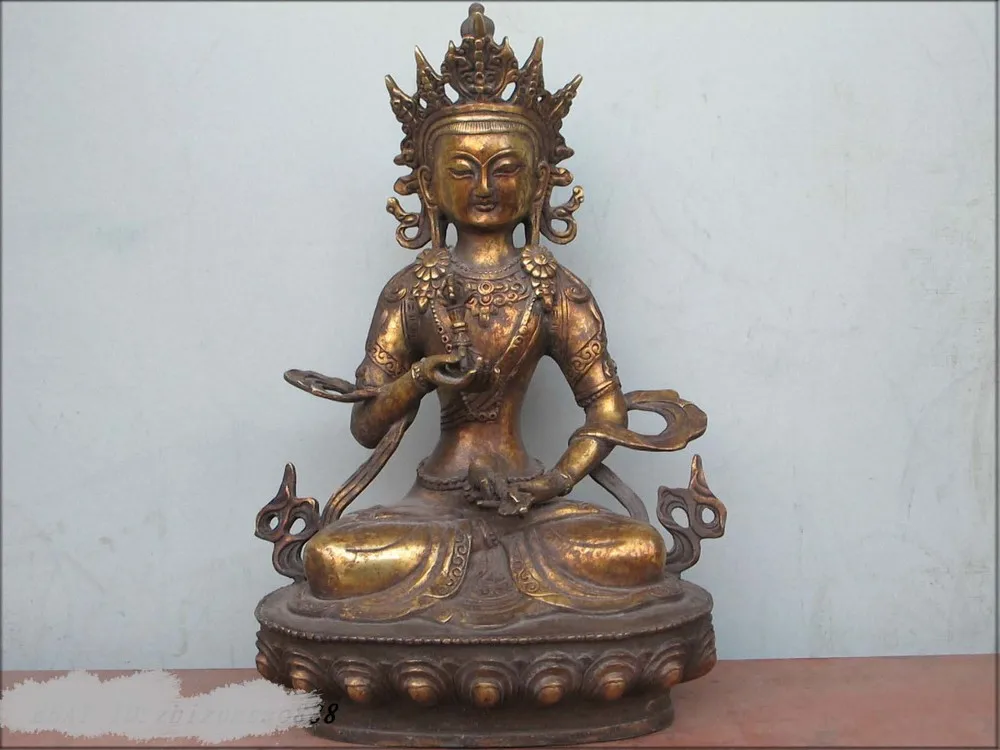 

12"Tibet 100% Bronze gilt King kong Sa Tuo hold bell kwan yin Buddha Statue