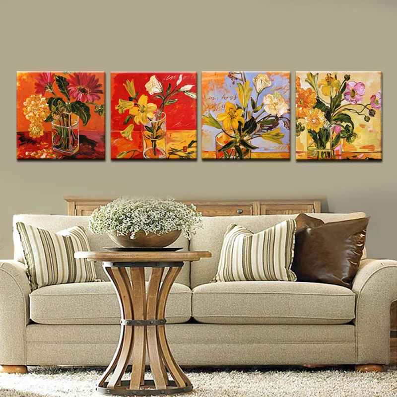 

4pcs Canvas Print Oil Painting Colorful Vase Flower Modern Poster Wall Art Sticker Living Room Bedroom Home Decor Cafe