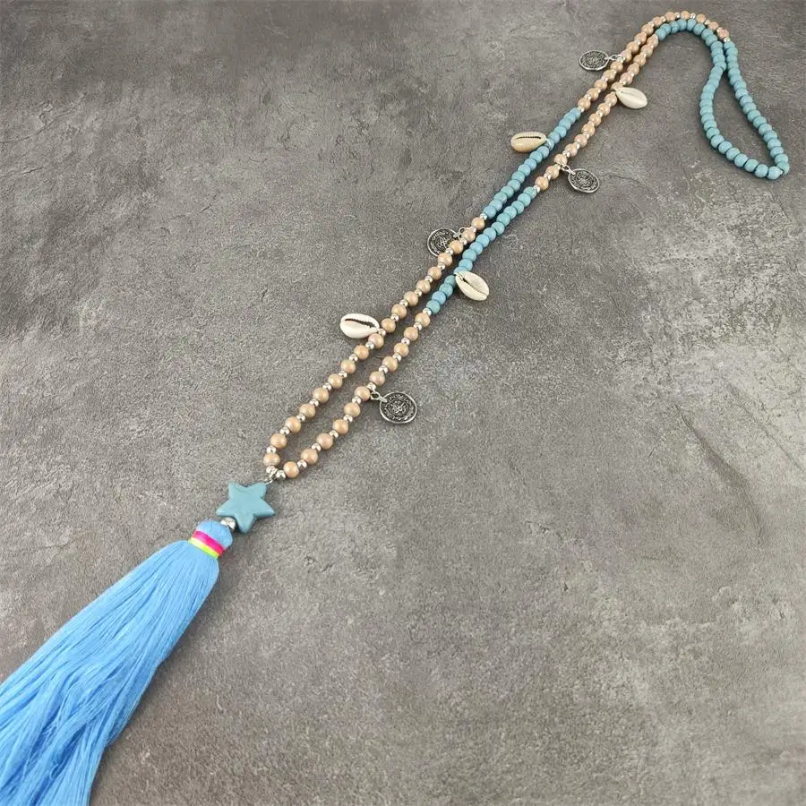 

New Boho shining Blue color Cotton Tassel wood beades chain long Necklace stone star charm necklace