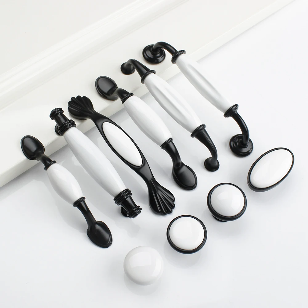 Черные/белые дверные ручки в стиле кантри, керамические ручки для выдвижных ящиков, ручки для кухонного шкафа и ручки для мебели