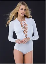 2016 New Sexy Women Bodysuit Plunge Neck Lace Up Tie Front Stretch Playsuit Leotard Jumpsuit Overalls Hot Sale