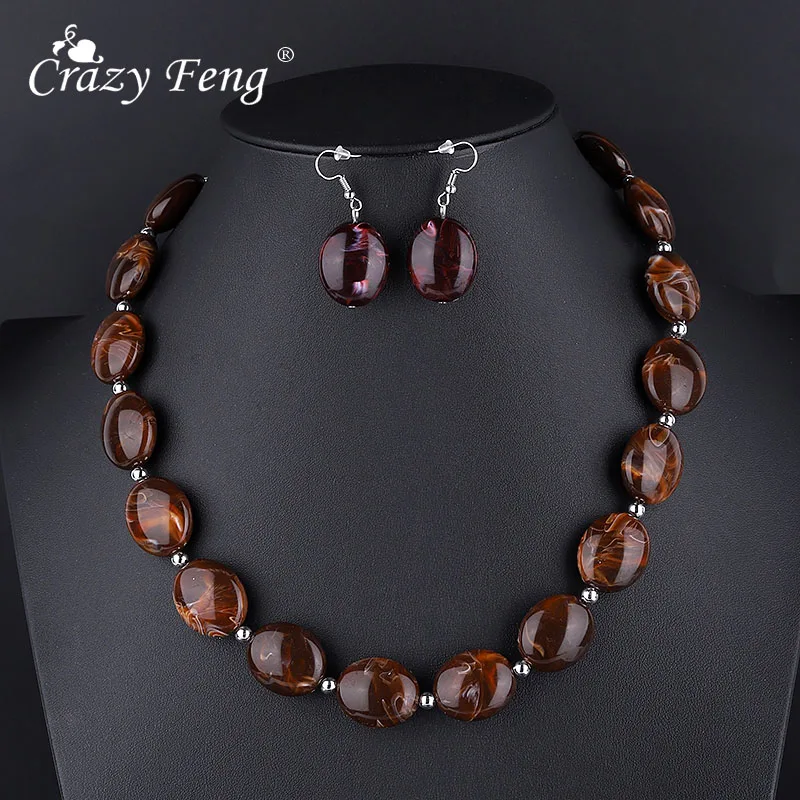 

Crazy Feng Vintage African Jewelry Sets For Women Oval Stone Beaded Necklaces Drop Earrings Set 2019 Fashion Jewelry NE+EA