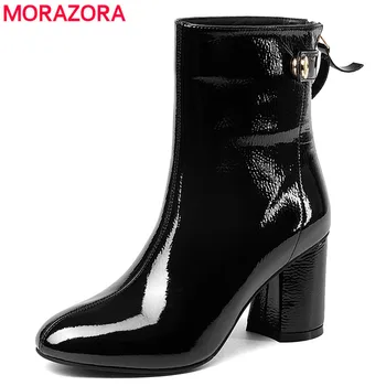 

MORAZORA Hot sale genuine leather boots square high heels autumn winter ankle boots for women zip female motorcycle boots shoes