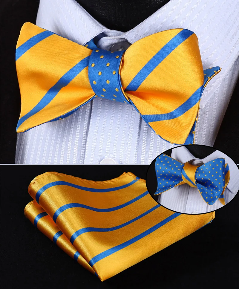  BE03Y Yellow Blue Stripe 100%Silk Double Sided Woven Men Butterfly Self Bow Tie BowTie Pocket Squar