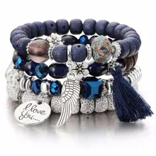 Ювелирные изделия в стиле "Бохо" Природный камень синего цвета бусины Многослойные браслеты и браслеты крылья сердце кисточкой браслет