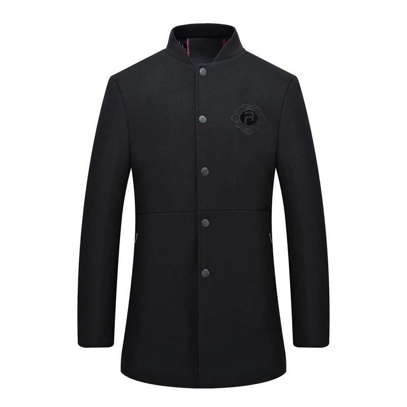 Woolen Overcoat for Men Stand Collar Black Fashion Outerwear Male Slim