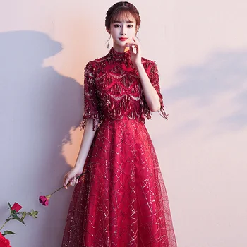 

Oversize 3XL High Quality Ladies Sequins Gowns Elegant Full Length Red Marriage Wedding Dress Cheongsam Evening Tassel Qipao