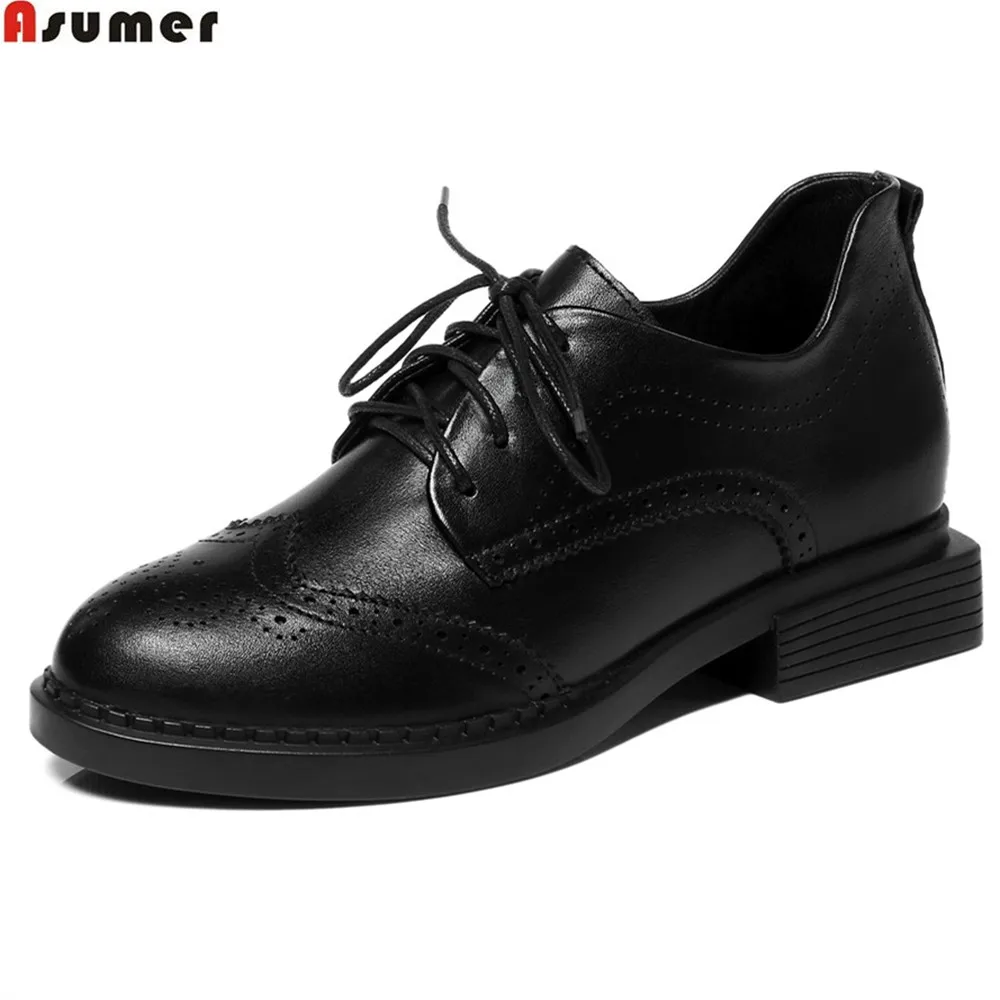 

Asumer black fashion spring autumn ladies single shoes round toe street style women genuine leather square heel low heels shoes