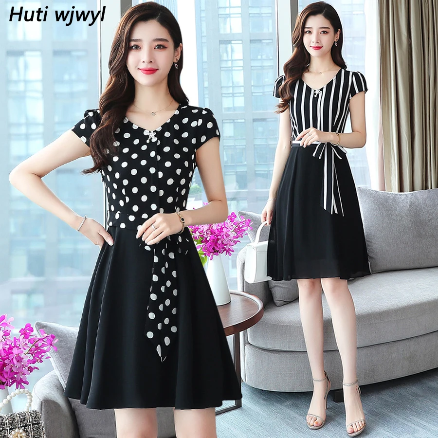 

2019 Vintage Elegant Black Dot Chiffon Boho Mini Dress Summer Plus Size Striped Sexy Beach Sundress Women Bodycon Party Vestidos