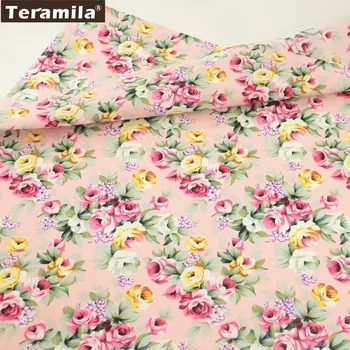 

Teramila Cotton Poplin Fabric Light Pink Fat Quarter Meter Sewing Quilting Printed Blooming Rose Design Chirdren's Cloth CM