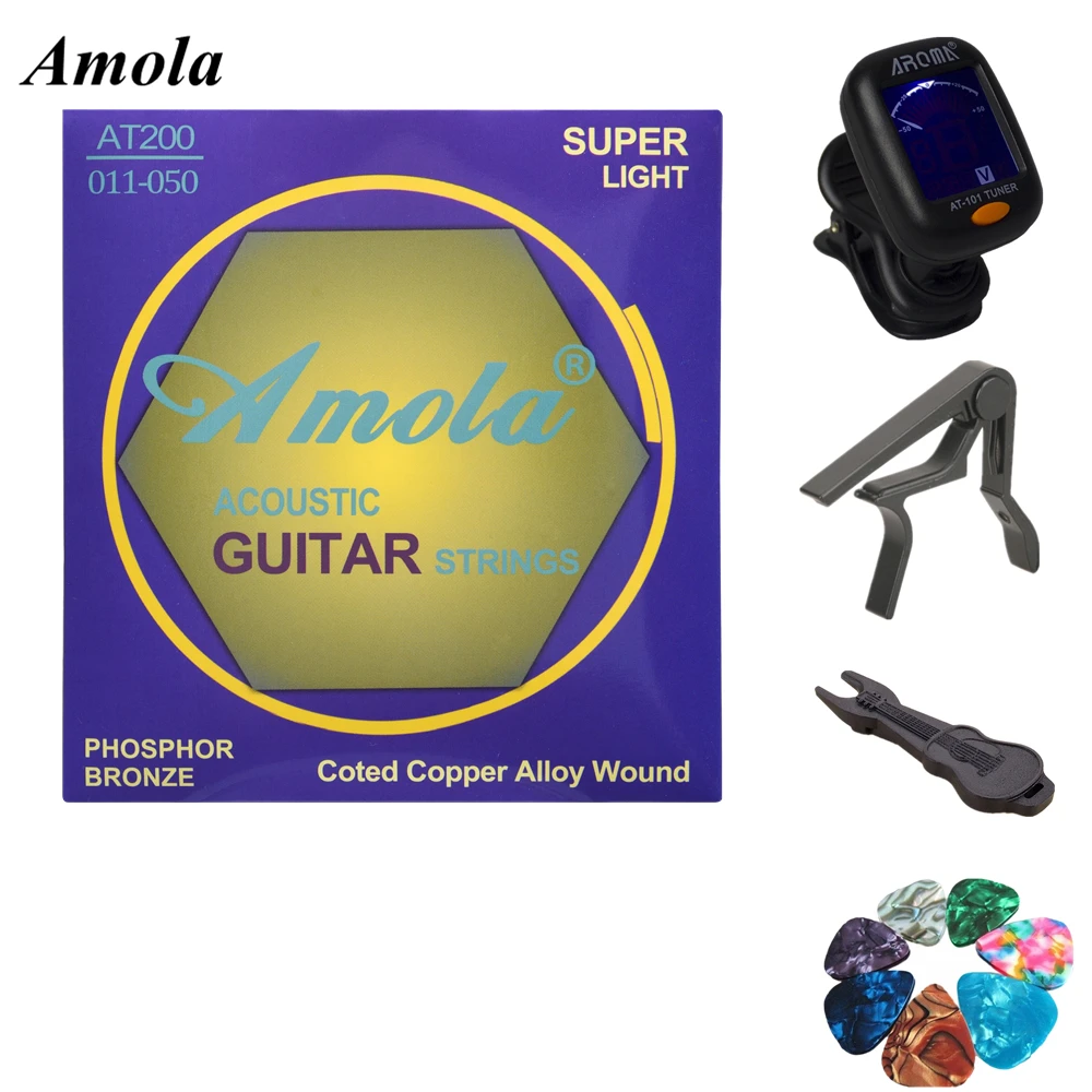 

AT200 Acoustic Guitar Strings set 011-050 Copper Alloy Strings 1pc guitar tuner 10pcs guitar picks 1pc capo 1pc Pin Tool