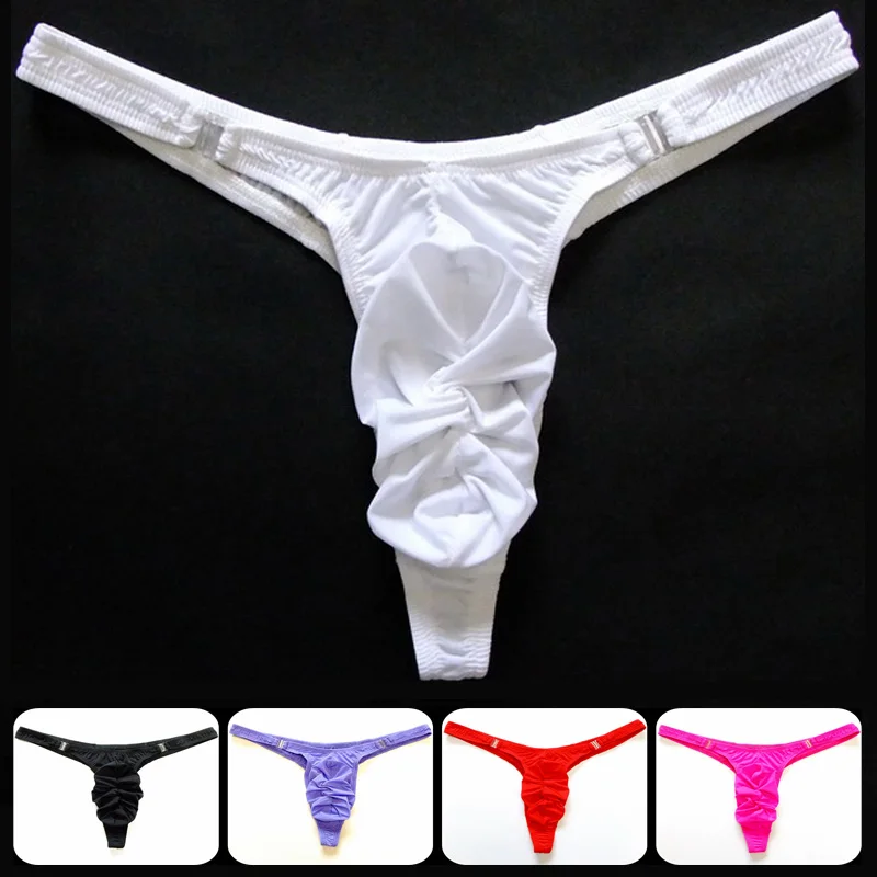 

2019 hot Men's double buckle passion U convex sexy underwear men's ice silk pleated bag men's thong jockstrap gay underwear