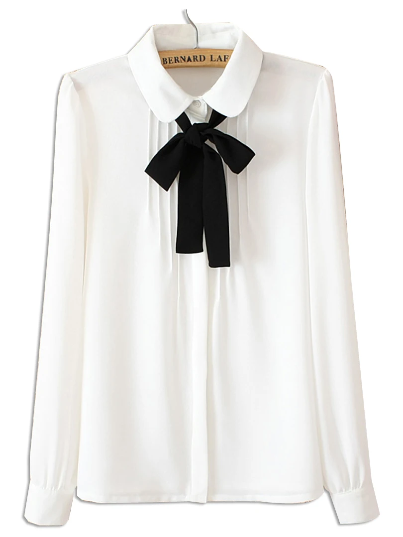 Clothink Women White Ruched Front Bow Tie Neck Long Sleeve Loose Shirt