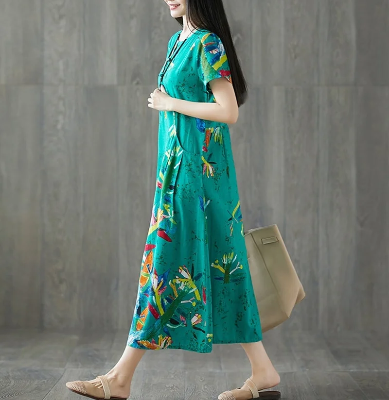 Этнические летние платья, винтажное женское платье с коротким рукавом, длинное платье с принтом в стиле ретро, платье в китайском стиле TA1646
