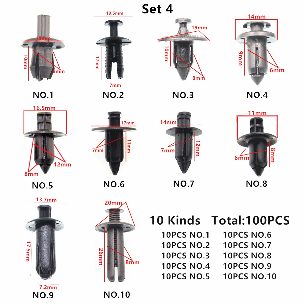 100 шт, разные универсальные 5 мм, 6 мм, 7 мм, 8 мм, 9 мм, 10 мм, автомобильные крепления из пластика, зажимы для всех автомобилей, винтовые заклепки