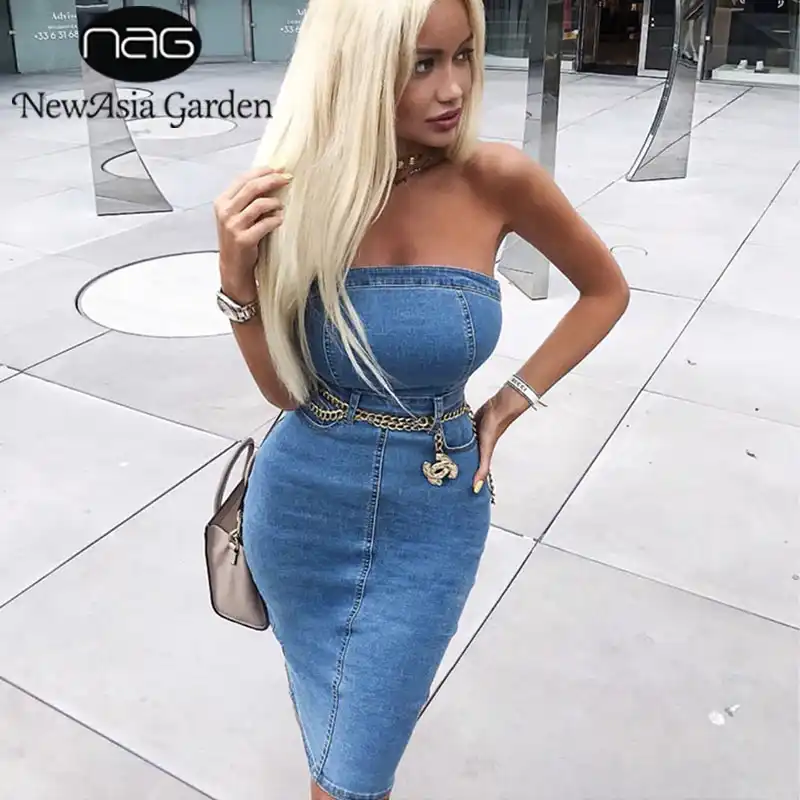 long strapless denim dress