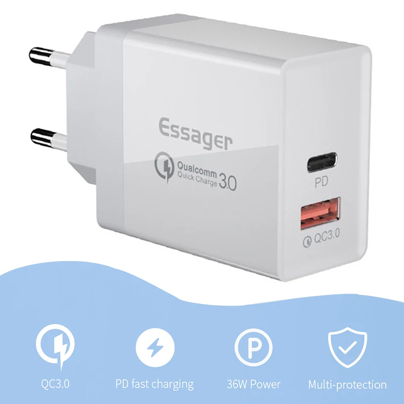 Type-c PD 36W QC3.0 FCP protocol Dual Port USB Quick Charge 3.0 Portable Compact Power Delivery Charger
Type-c PD 36W QC3.0 FCP protocol Dual Port USB Quick Charge 3.0 Portable Compact Power Delivery Charger