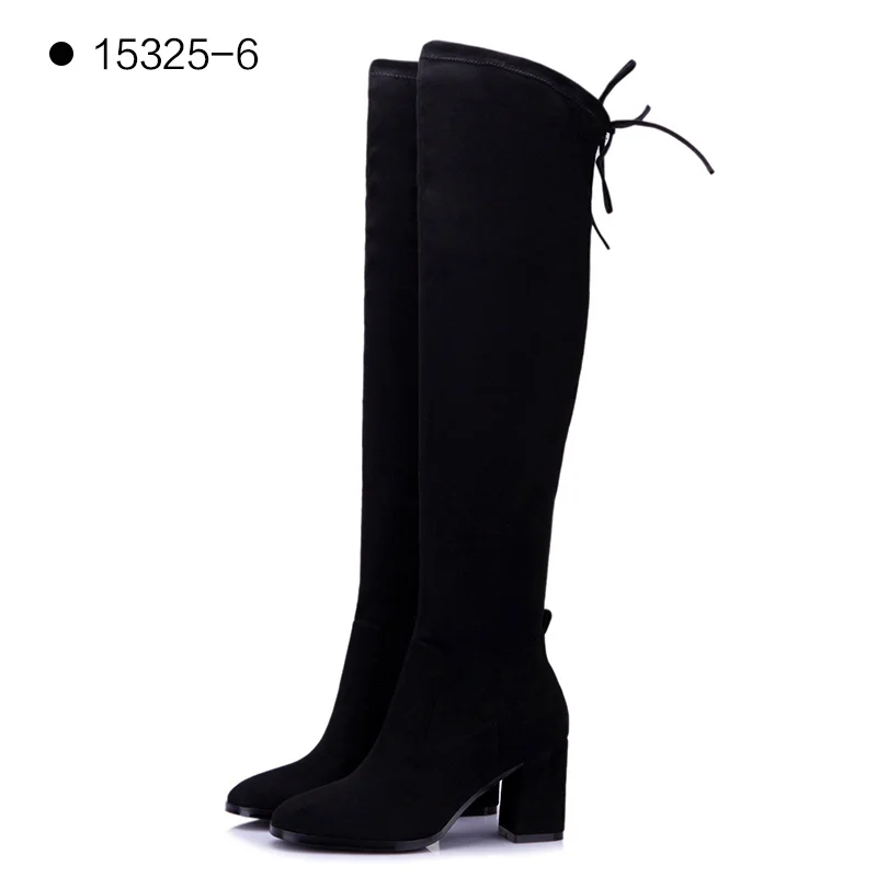 Donna-in/распродажа; женские высокие сапоги; сапоги до бедра; Черные Сапоги выше колена; пикантная модная обувь на шнуровке с пряжкой - Цвет: Black 15325-6