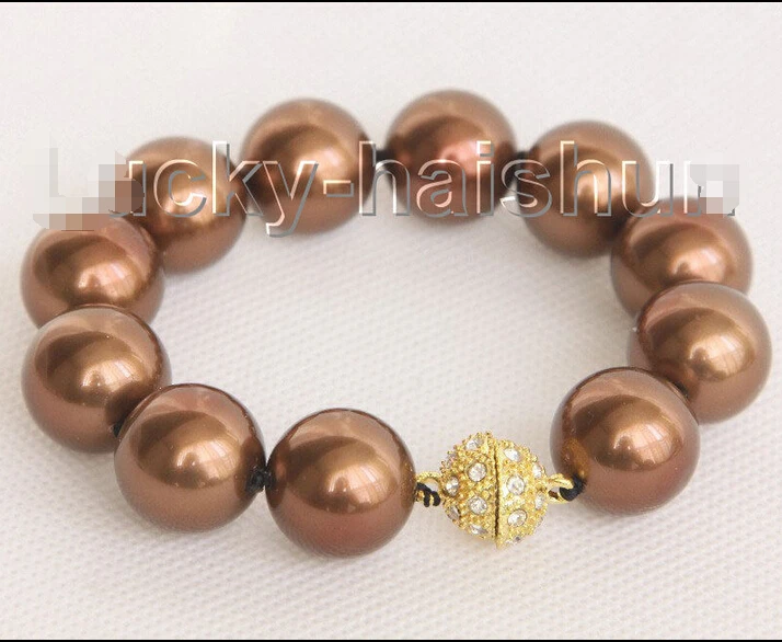 

8" 16mm round coffee south sea shell pearls Bracelet magnet clasp j10442@^Noble style Natural Fine jewe FREE SHIPPING