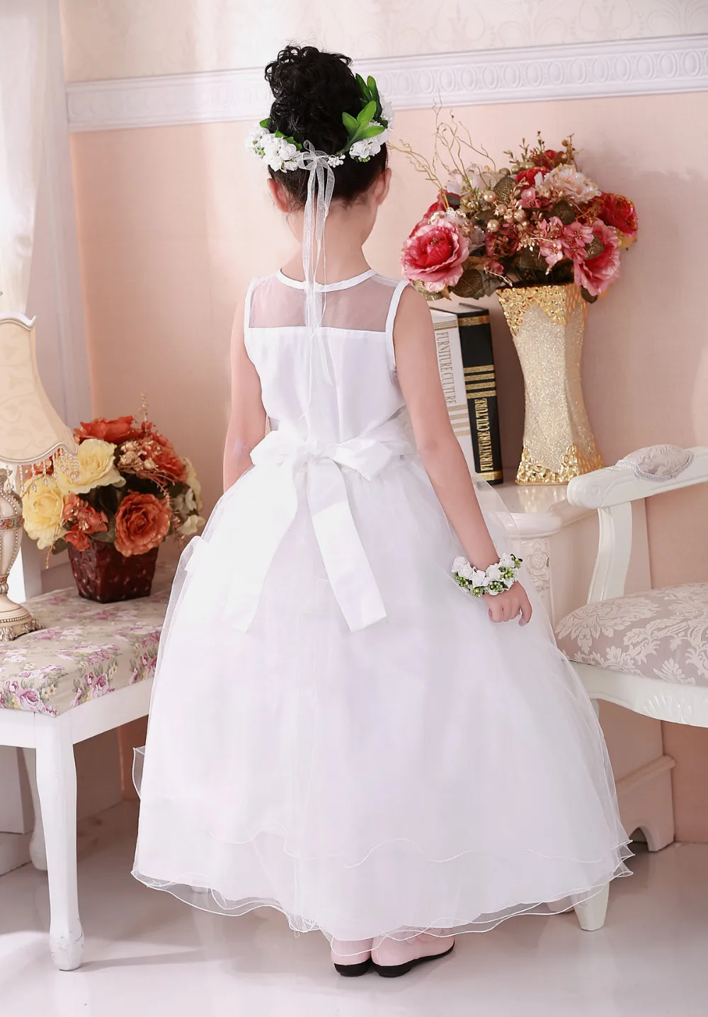 Shybobbi Новинка, платье для девочек белый цветок Пояс Тюль пят свадьбу подружки невесты принцессы детская одежда