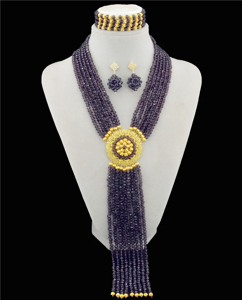 

Luxury Latest Nigerian Wedding African Beads Jewelry Sets Crystal Fashion Dubai Purple Jewelry Sets For Women Costume