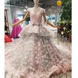H & S свадебный розовый цветочный торжественные платья Кепки рукавом Кружева ручной работы Цветы Sposa невесты платья Vestidos de Novia