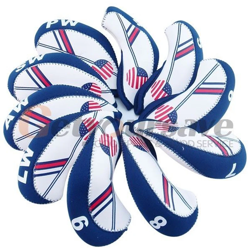 

New 10pcs White & Blue USA Flag Neoprene Golf Club Iron Head Cover Headcover