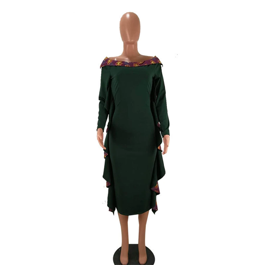 BAIBAZIN African Woman Dress Fashion Sexy Word Shoulder Long Sleeves With Fluttered Side Knit Dress