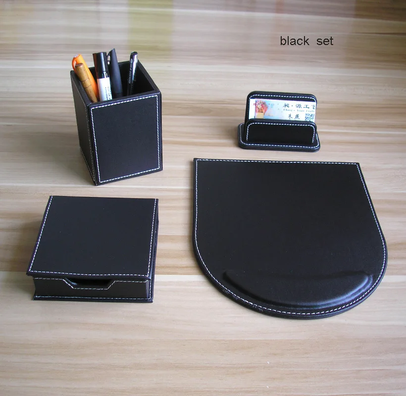 4PCS /set wooden leather desk office stationery organizer ...