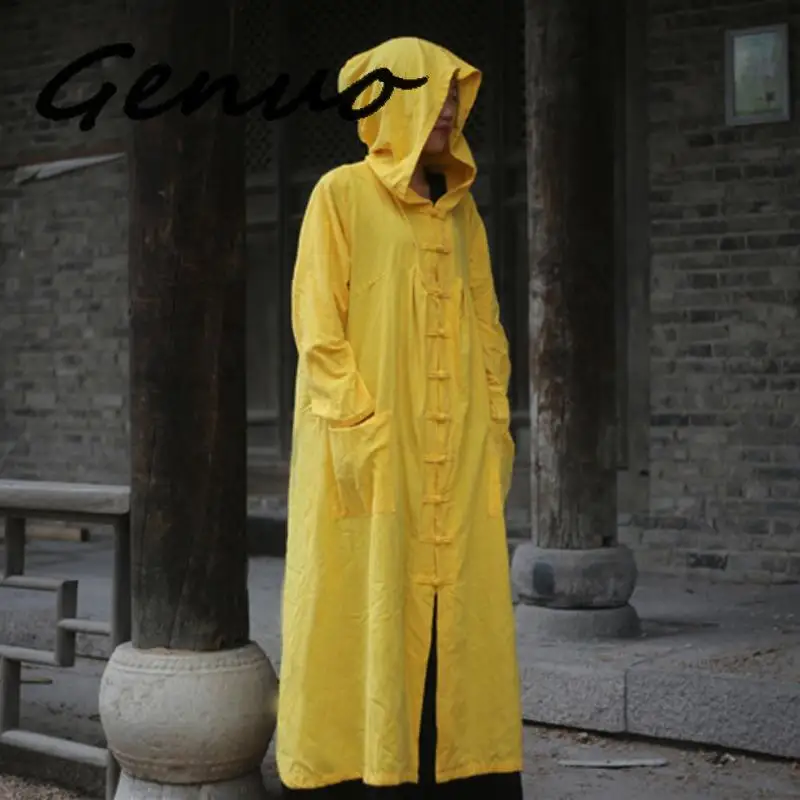 Yellow Genuo, новинка, Женский Тренч с капюшоном,, осень, новинка, пуговицы, карманы, короткие, свободные, 5 цветов, льняные, длинный рукав, ВИНТАЖНЫЕ пальто - Цвет: Yellow