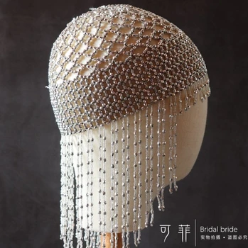 

Creative exaggeration jewelry wedding photo catwalk hand tassel silver hat headdress photo studio photo accessories