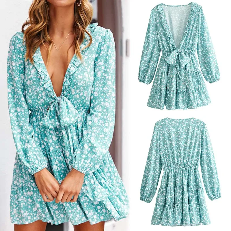 

2019 Hot Droppshiping Women Mint Green Snowflake Print Deep V-neck Slim Lace Up Dress Vintage Elegant Dresses dg88