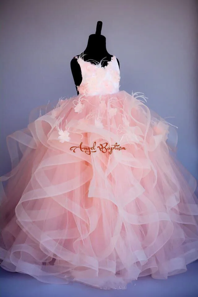 Платья для девочек с манжетами розовый перья страуса жемчуг принцессы бисер цветы платья для девочек Платье на день рождения от 1 до 14 лет платье на выпускной вечернее выпускное платье