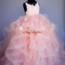 Платья для девочек с манжетами розовый перья страуса жемчуг принцессы бисер цветы платья для девочек Платье на день рождения от 1 до 14 лет платье на выпускной вечернее выпускное платье