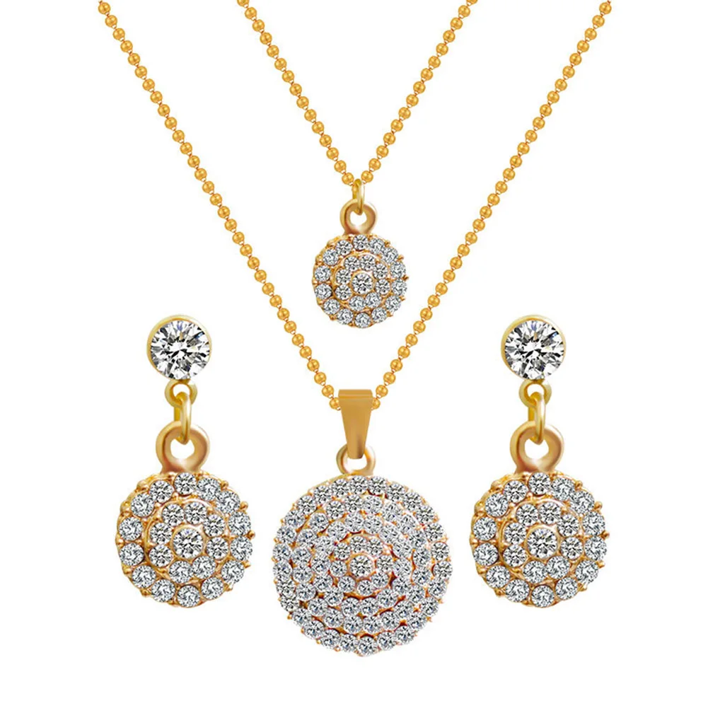 Fashion New Gold Color Round Crystal Stones Stylish Necklace Earrings