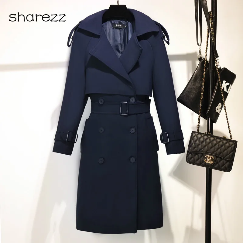 

2019 Autumn and Winter New Korean Women Slim Double-breasted Long Trench Coats Wild English Women's Coat Navy Blue