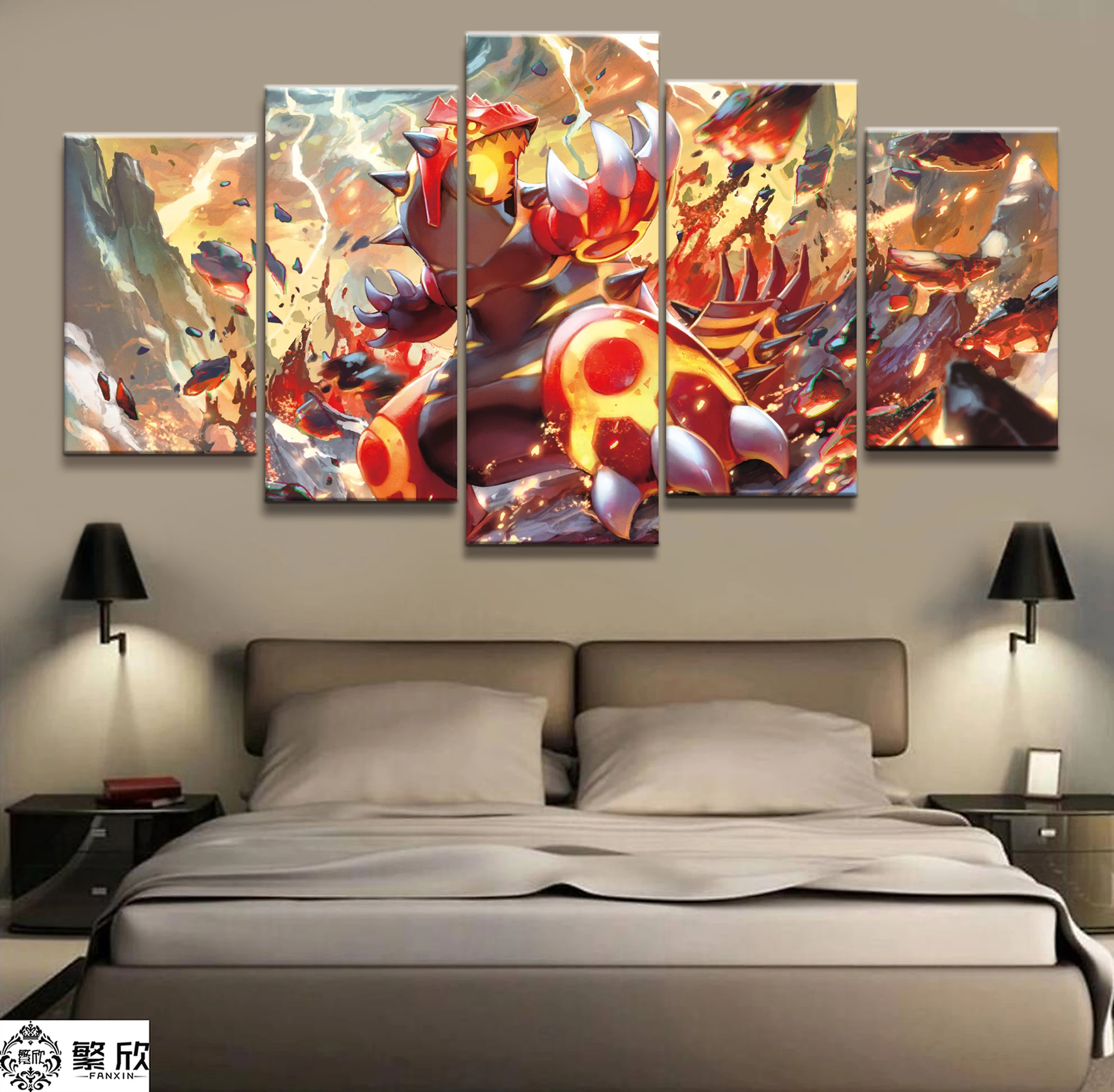 

Hot Sales Without Frame 5 Panels Picture Super Pokemon Groudon Animation Painting Artwork Wall Art Canvas Painting Wholesale