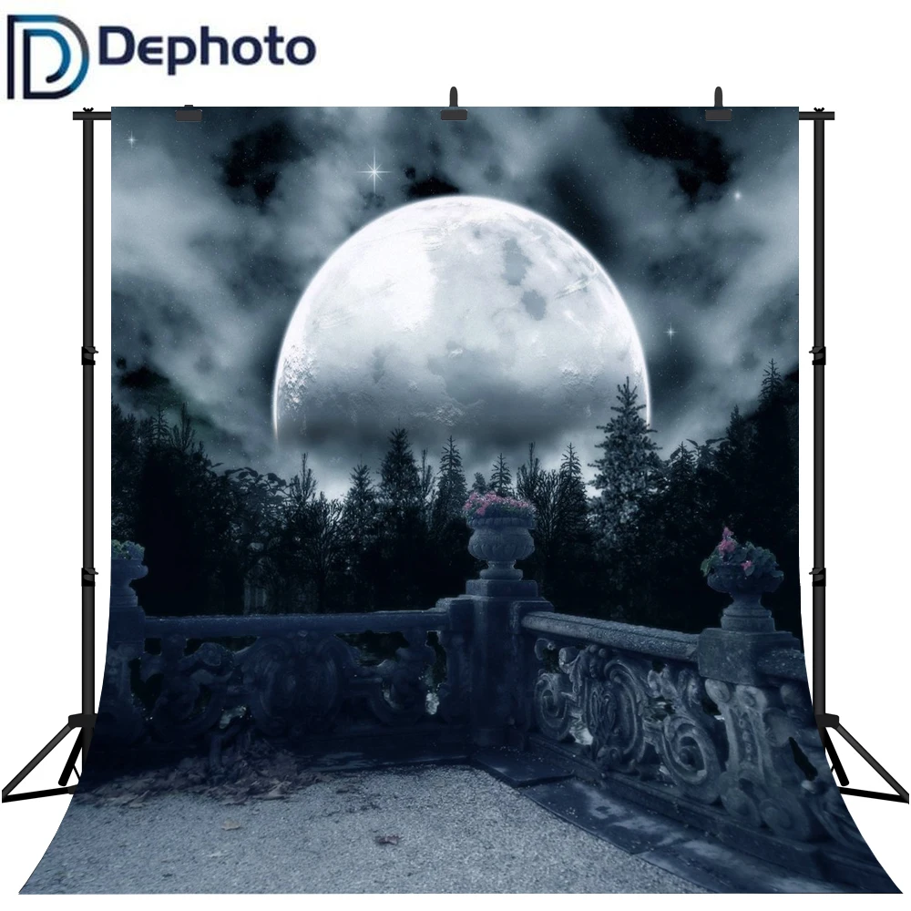 Виниловый фон для фотосъемки Dephoto Темный ужас ночь полная луна деревья мрачный