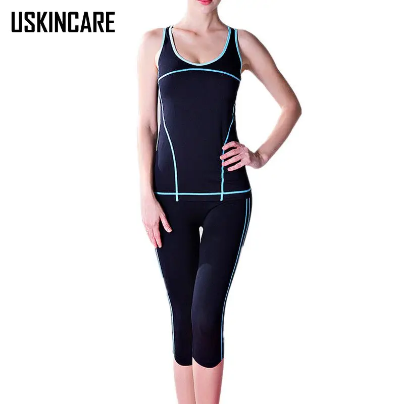 2 шт. Для женщин Йога Комплект Топ футболки + узкие леггинсы капри спортивные