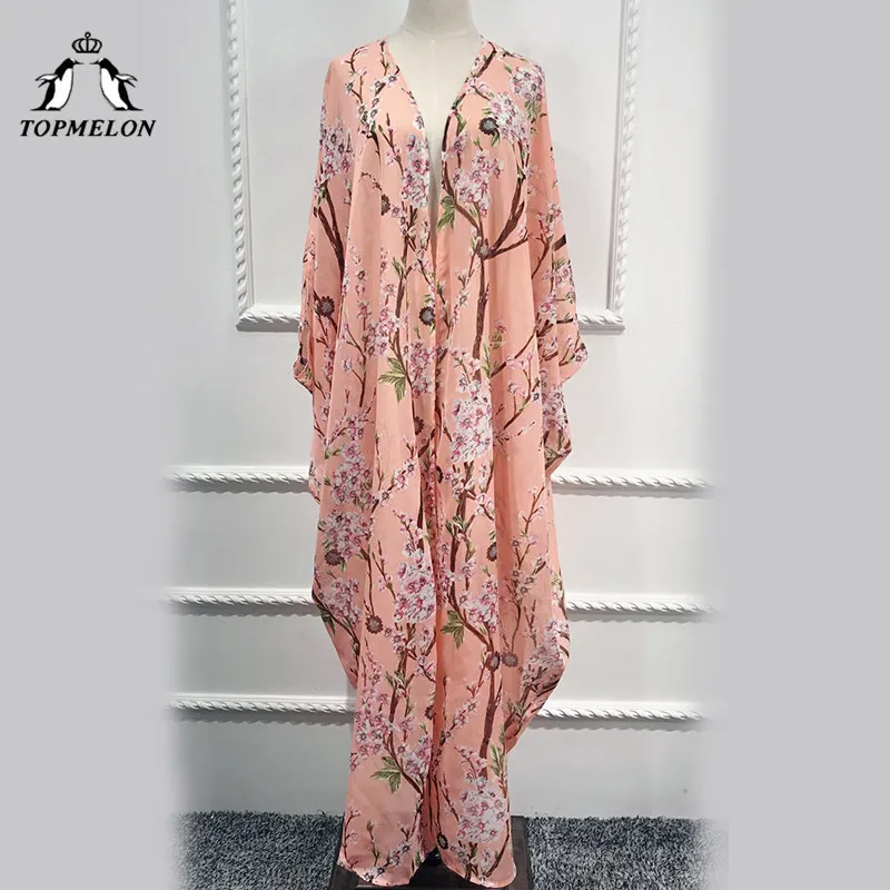 

TOPMELON Malaysia Abaya Dubai Kimono Muslim Women Floral Style Dress Loose Long Sleeve Robes Big Size Clothing