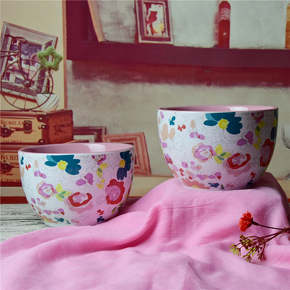 Salad Bowl Colorful Fresh Flowers Pattern Deep Ceramic Soup Bowlin
