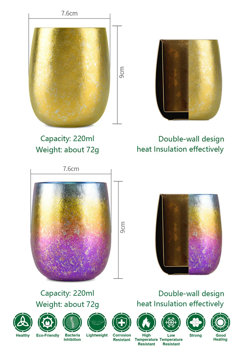 Copo de Titânio Xícara de Chá Caneca com Flor de Gelo para Chá de Água sem Limites Viagem Double-layer Ultraleve Anti-scalding Colorido Vinho 220 ml 3 ???-2