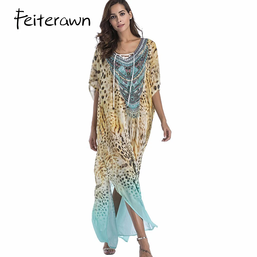 Feiterawn Summer V Neck Rhinestone Boho Print Loose Dress Women Chiffon Long Maxi Dresses Plus Size Leopard Beach | Женская одежда