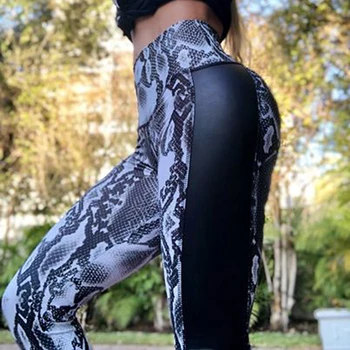 

New Women Snake Printed Leggings Black Hips Sexy Pleated Push Up Fitness Leggings PU Leather Workout Leggings