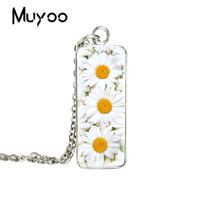 2019 New White Daisies Square Necklace Daisy Art Painting Pendant Class Dome Photo Jewelry | Украшения и аксессуары