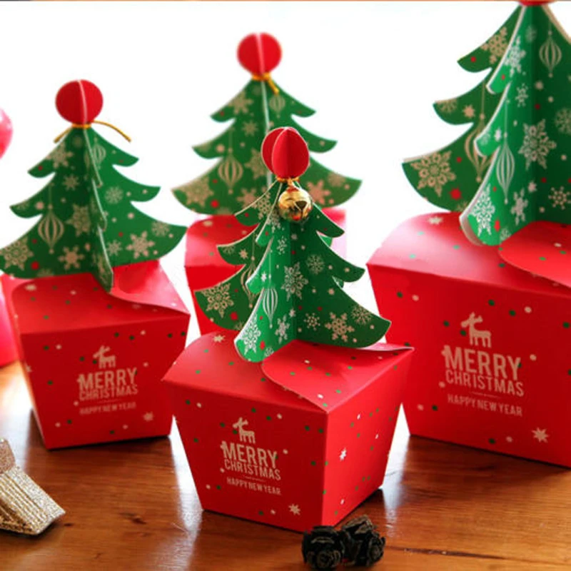 Red Merry Christmas Tree Bell Party Paper Favour Gift Bags Sweets Carrier Boxes